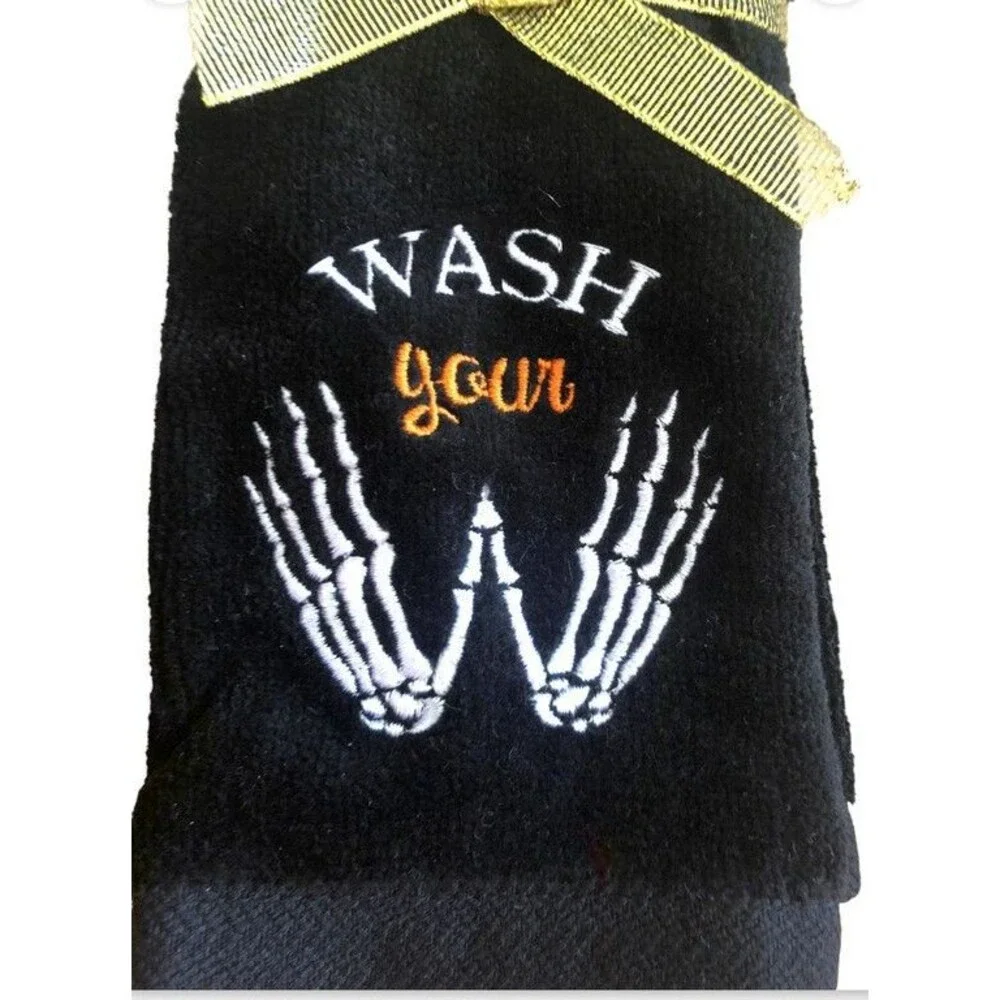 Halloween Fingertip Towels Embroidered Black Wash Your Skeleton Hands Set of 2
